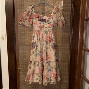 Abercrombie & Fitch Cream Floral Square-Neck Midi Dress